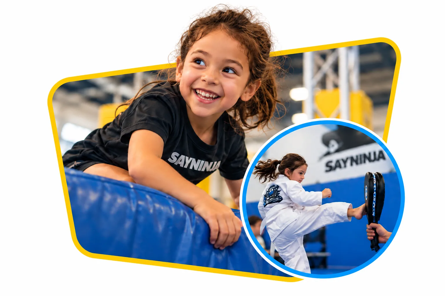 A smiling young ninja climbing a padded obstacle, and another child practising a kick against a pad.