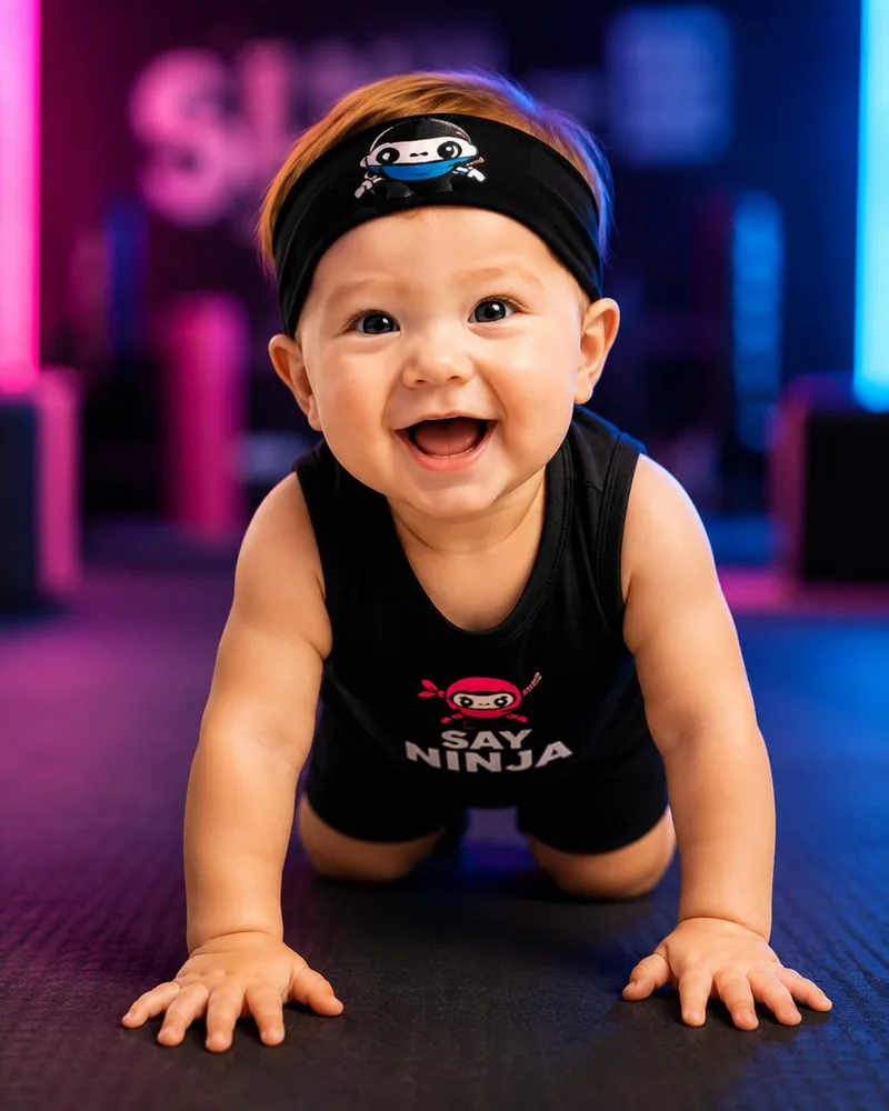 A happy baby ninja crawling on the gym floor